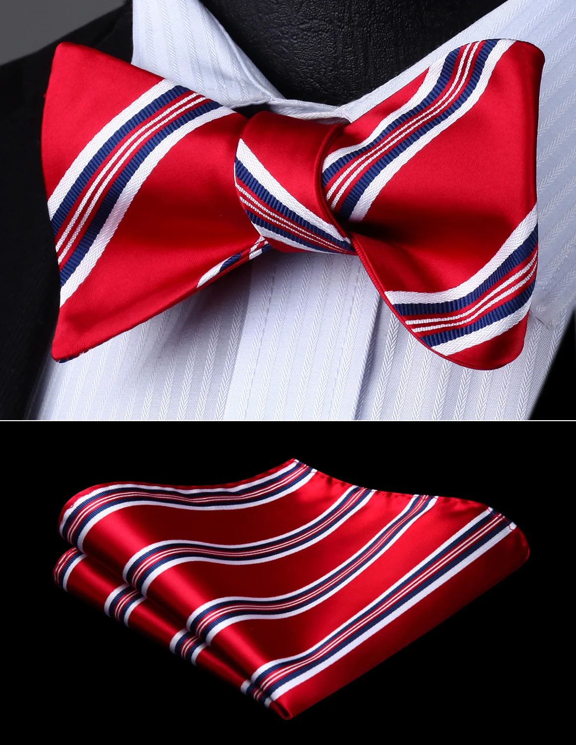 Bow Tie handkerchief set Men Woven Party Wedding Red White Striped Self
