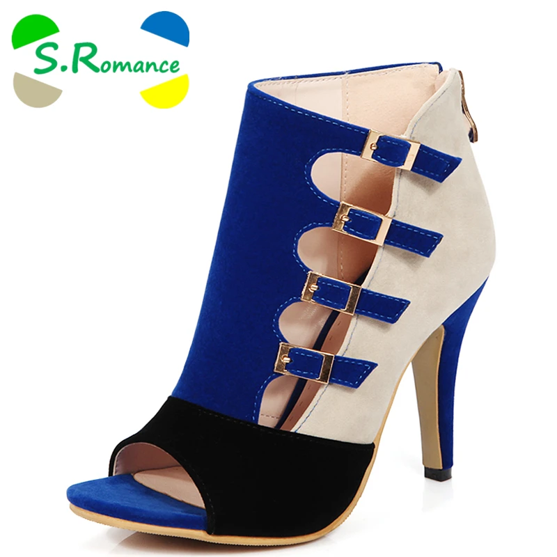 

S.Romance Women Sandals Plus Size 33-43 Fashion Zip High Heel Summer Women Pump Shoes Woman Office Black Blue Red SS613
