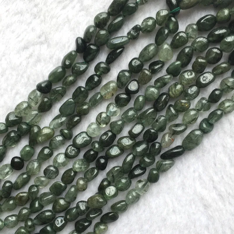 

Natural Genuine Green Hair Needle Rutile Quartz Crystal Nugget Free Form Fillet Irregular Pebble Beads 6x8mm 15" 05646