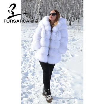 

FURSARCAR Fashion Real White Fox Fur Coat Women Winter Thick Warm Coat With Fur Hood Luxury Natural White Fox Fur Female Jacket