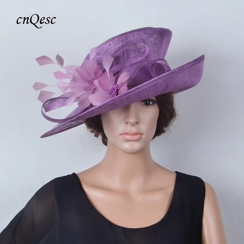 Новые опт привлекательные разноцветные Фиолетовые женские шляпы Sinamay для дерби, свадьбы, церкви, вечерние. Ширина полей 14 см