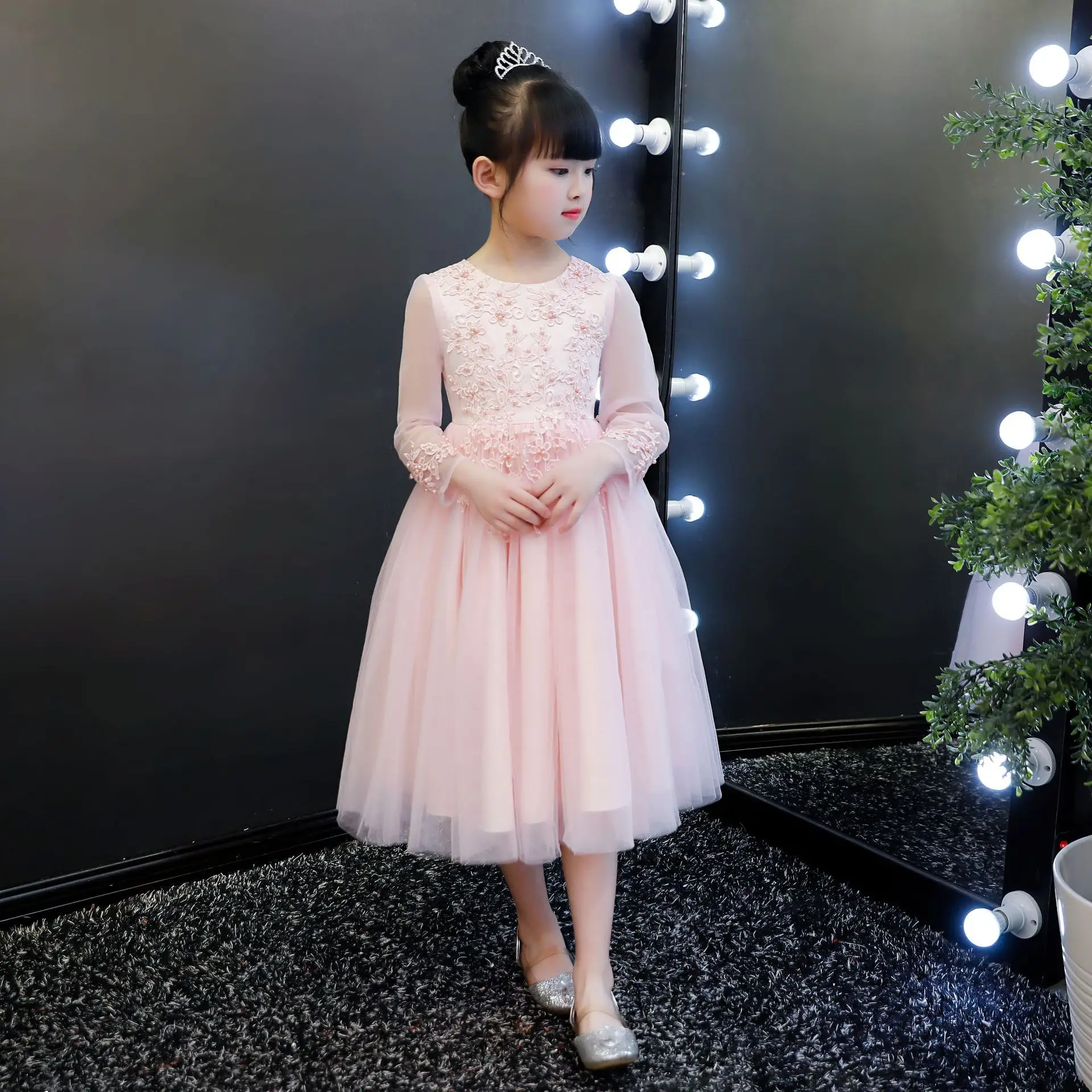 Осенне-зимнее платье для девочек; детское платье с длинными рукавами для дня рождения, свадьбы, вечеринки; костюмы с длинными рукавами для девочек-подростков; праздничный костюм - Цвет: Розовый