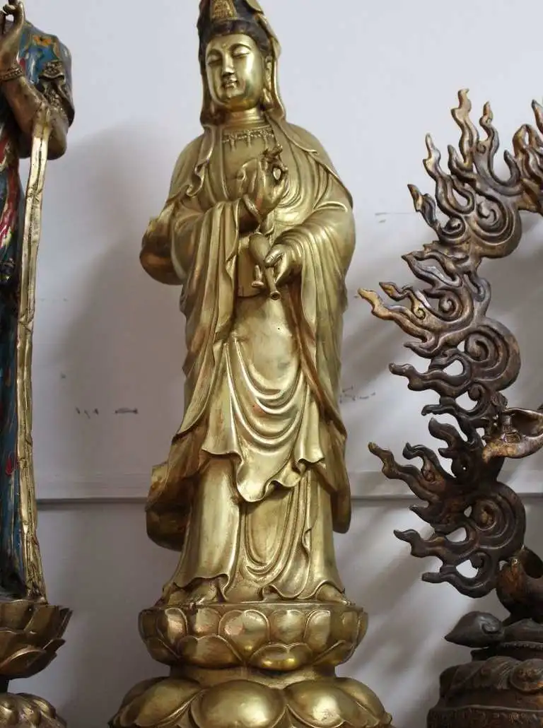 

25" Chinese Buddhism Bronze Gild Stand Kwan-yin Guan Yin Goddess Vase Statue