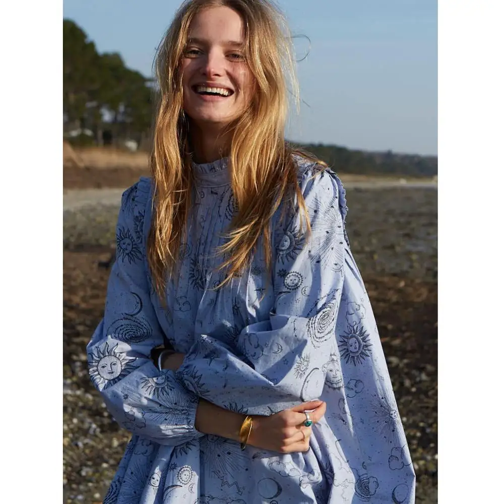 

Star Moon Pattern Printed Cotton Loose Casual Dress 2019 Women's Bohemian style poplin mini dress