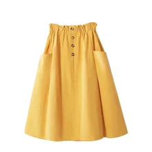 Весенне-летние хлопковые желтые женские юбки с высокой талией,, осенние черные женские юбки длиной до колена с двумя карманами и пуговицами, Jupe Femme