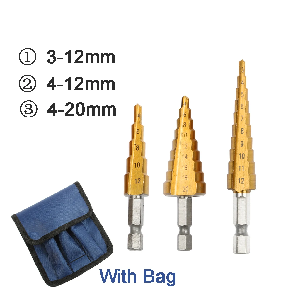 HSS Стальные титановые ступенчатые сверла 4-12 мм 4-20 мм 4-32 мм ступенчатые конусные режущие инструменты сталь Деревообработка Дерево Металл 4-12/20/32 с сумкой - Цвет: ZT-GZ-1-3PCS-bao