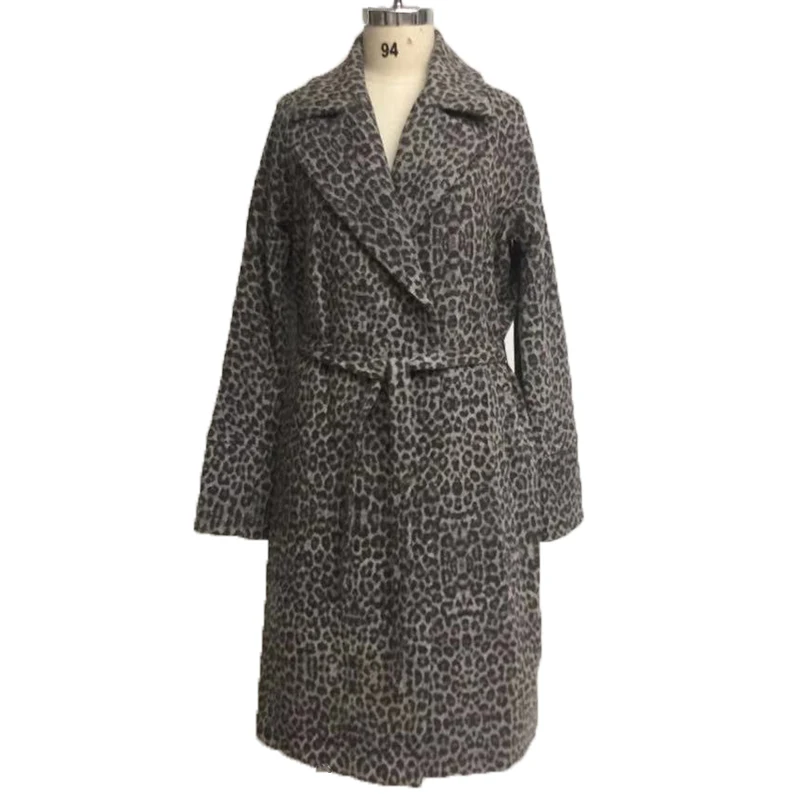 Женское леопардовое длинное пальто с длинным рукавом, шерстяное пальто, свободная верхняя одежда, женский осенне-зимний Тренч, пальто размера плюс 18-075