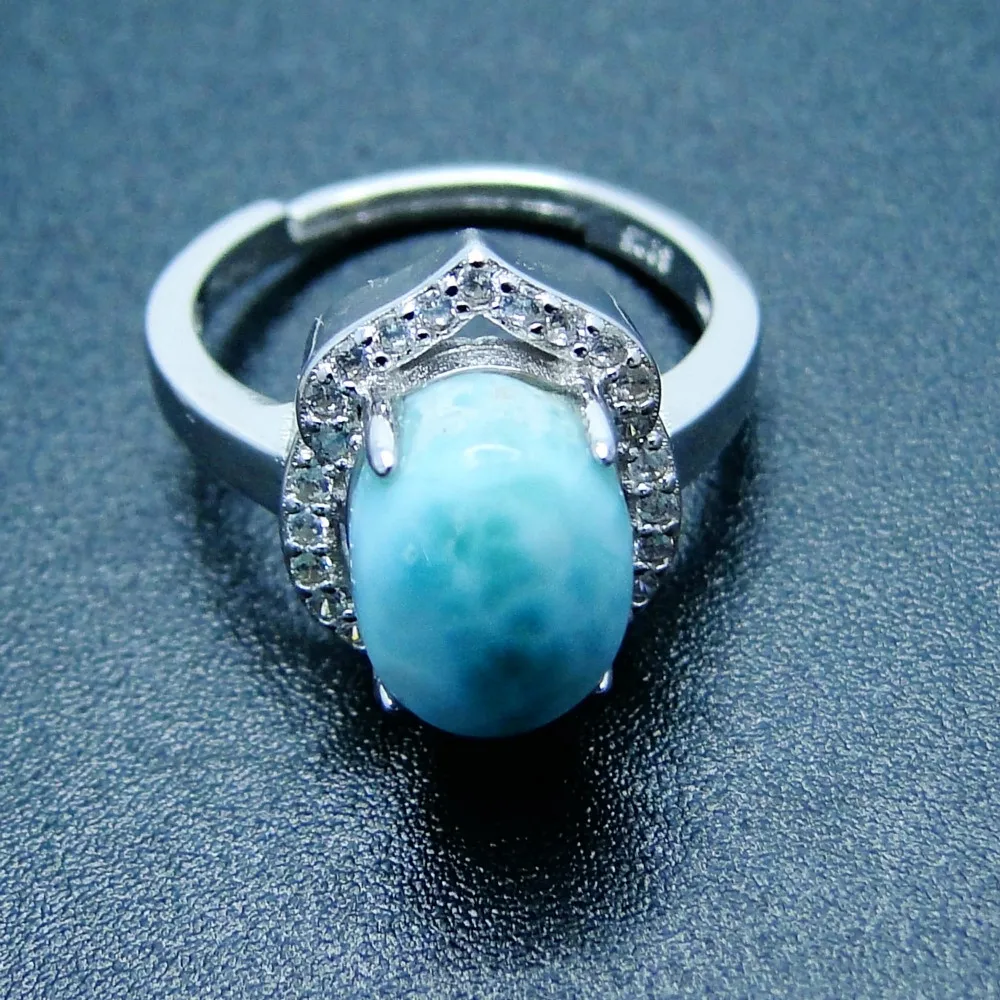 Genuine Larimar Female Rings 8X10MM Blue Crystal Stone Fine 925 Sterling Silver Jewelry Rings Ocean Stone Gemstone Ring Band