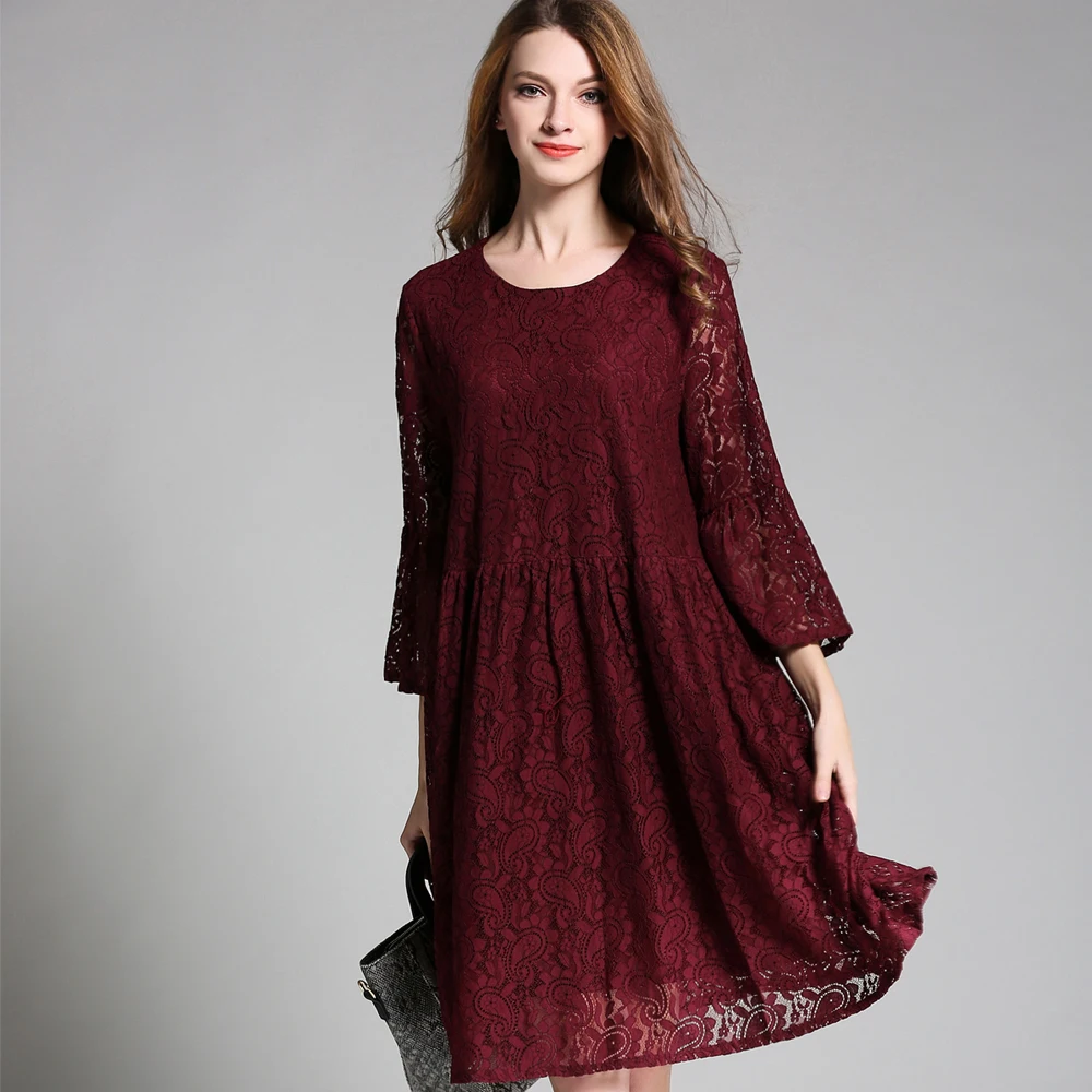 

Spring autumn new Plus size A-line Lace dresses Crew Neck 3/4 sleeve casual Elegant dress Oversize women's clothing L to 4XL