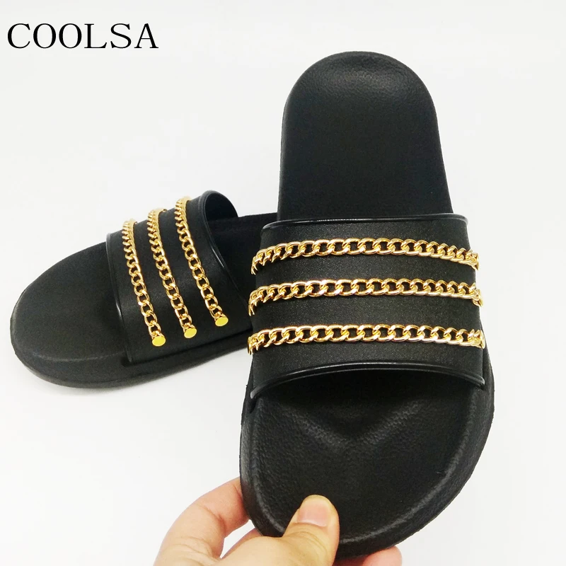

Women's Summer Flat Couple Sandals Outside Metal Chain Slippers Indoor House Slippers Beach Flip Flops Women Slides Big Size 11