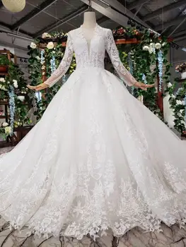 شراءجديد ثوب حفلة فساتين زفاف دبي فاخر دانتيل زينة مطرز كم طويل فساتين زفاف قطار عربي Vestidos De Novia
