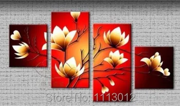 

Hot Hand-painted Modern Red Yellow Camellia Flower Oil Painting On Canvas 4 Panel Arts Sets Home Wall Decor For Living Room Sale