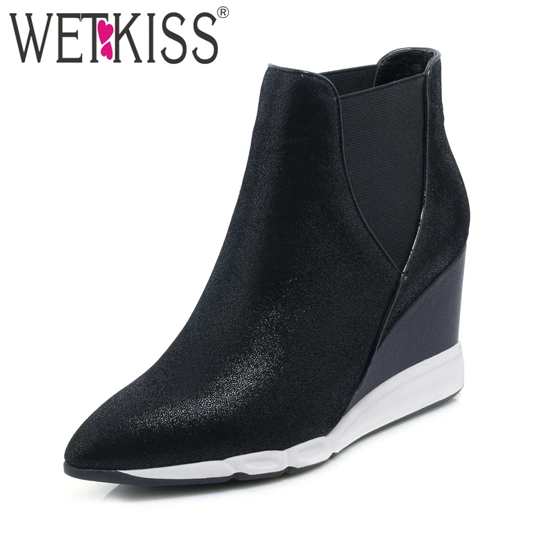 WETKISS Genuine Leather Ankle Boots Sheep skin Women Shoes Wedges Boot Pointed toe Elastic Slip on Female Footwear Autumn Winter WETKISS Genuine Leather Ankle Boots Sheep skin Women Shoes Wedges Boot Pointed toe Elastic Slip on Female Footwear Autumn Winter