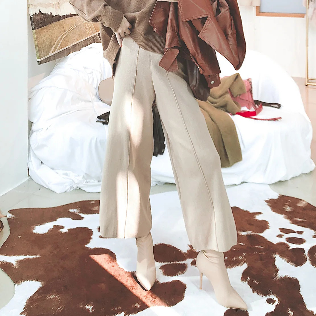 

2018 Winter New Rabbit Hair blends Solid Color High Waist ankle-length wide leg pants wollens thick casual trousers woman fm9035