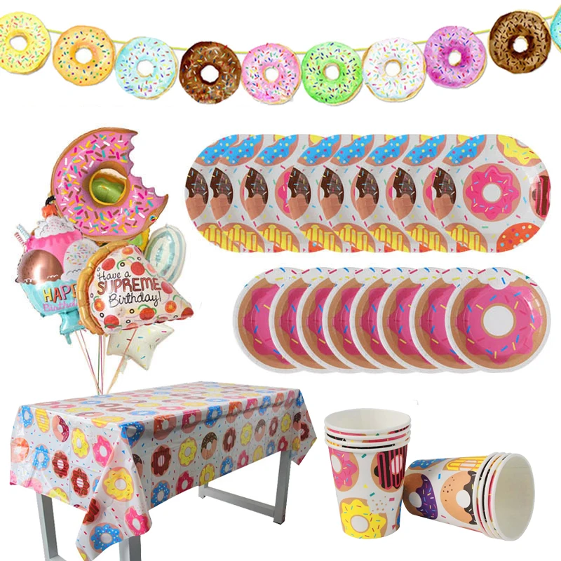 Donut Party Donut Wall Wedding Party Decoration Disposable Tableware Set Ice Cream Party Balloons Kids 1st Birthday Decorations