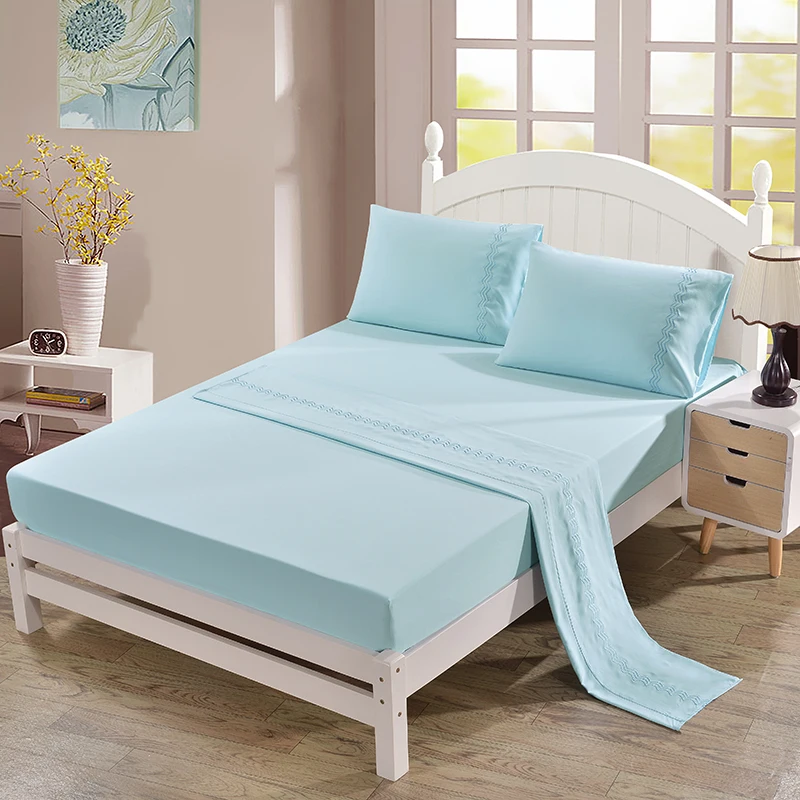 

US Queen Size 4Pcs Bedding Sheet Set Grinding Embroidery Blue Fitted Sheet Pillowcase Bedclothes Soft Bedding Sheet Sets