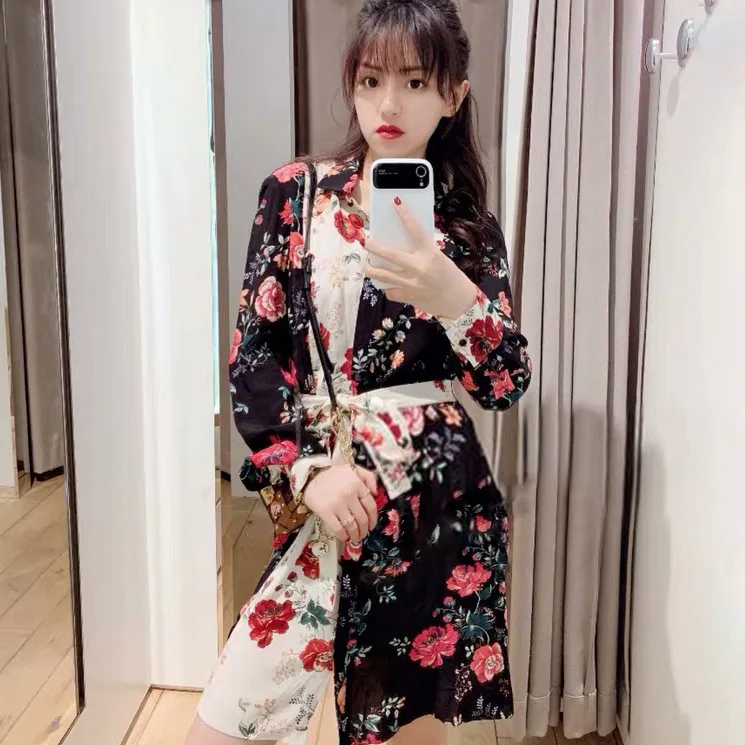 

New Style Short Dress with Shirt Dress In Spring and Summer 2019 Turn-down Collar Print Straight Black Dress Women