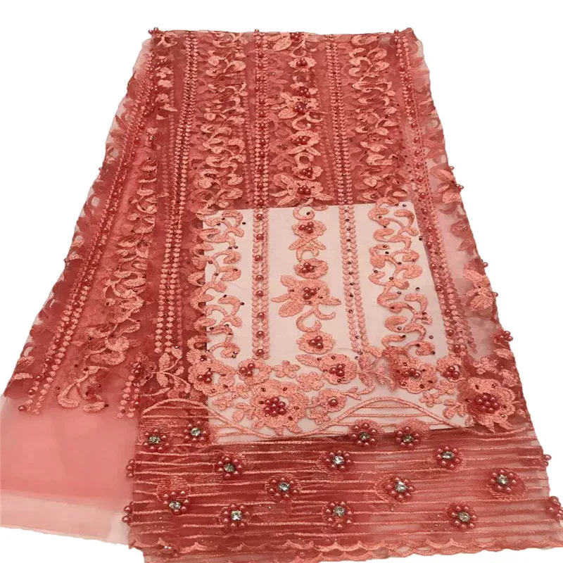

Fashionable Nigerian mesh fabric with beads and stone African Net cloth with beads and stone for special dress HJ779-1