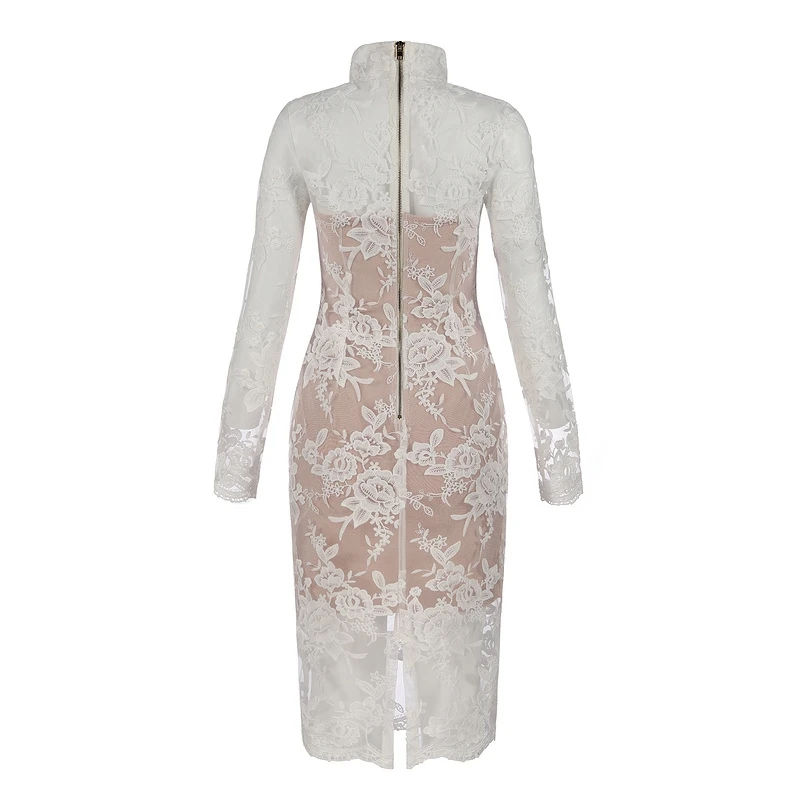 Gosexy Women White Lace Women Dress Long Sleeve Runway Celebrity Party Dress Sexy Hollow Out Midi Lace Club Dress Vestido Autumn