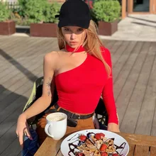 Women Bodysuits Fashion solid color hanging neck one shoulder slim slimming