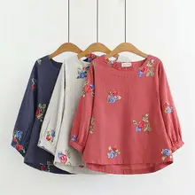 Плюс размер хлопковое белье с вышивкой летние женские футболки синяя, белая и красная полосатая футболка с круглым вырезом с коротким рукавом женские топы