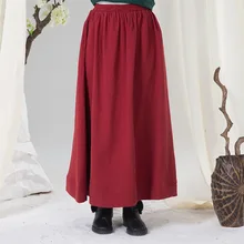 Хлопковая льняная плотная осенне-зимняя юбка женская винтажная плиссированная юбка китайская однотонная Свободная юбка Повседневная юбка до щиколотки