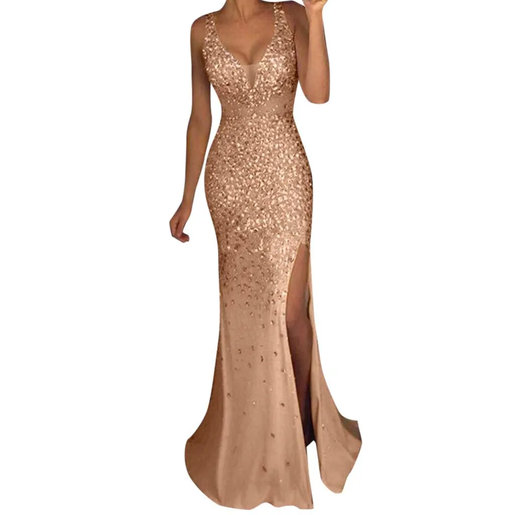 

Women Sequin dress Prom Party Ball Gown Sexy Gold Evening Backless V Neck Long glitter dresses robe femme hiver 2019 Sukienka #H