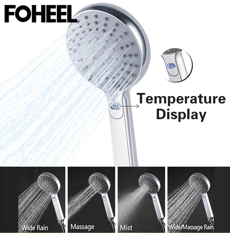 FOHEEL led душевая головка температурный дисплей led высокое давление насадка для душа Спа высокое качество хромированная водосберегающая