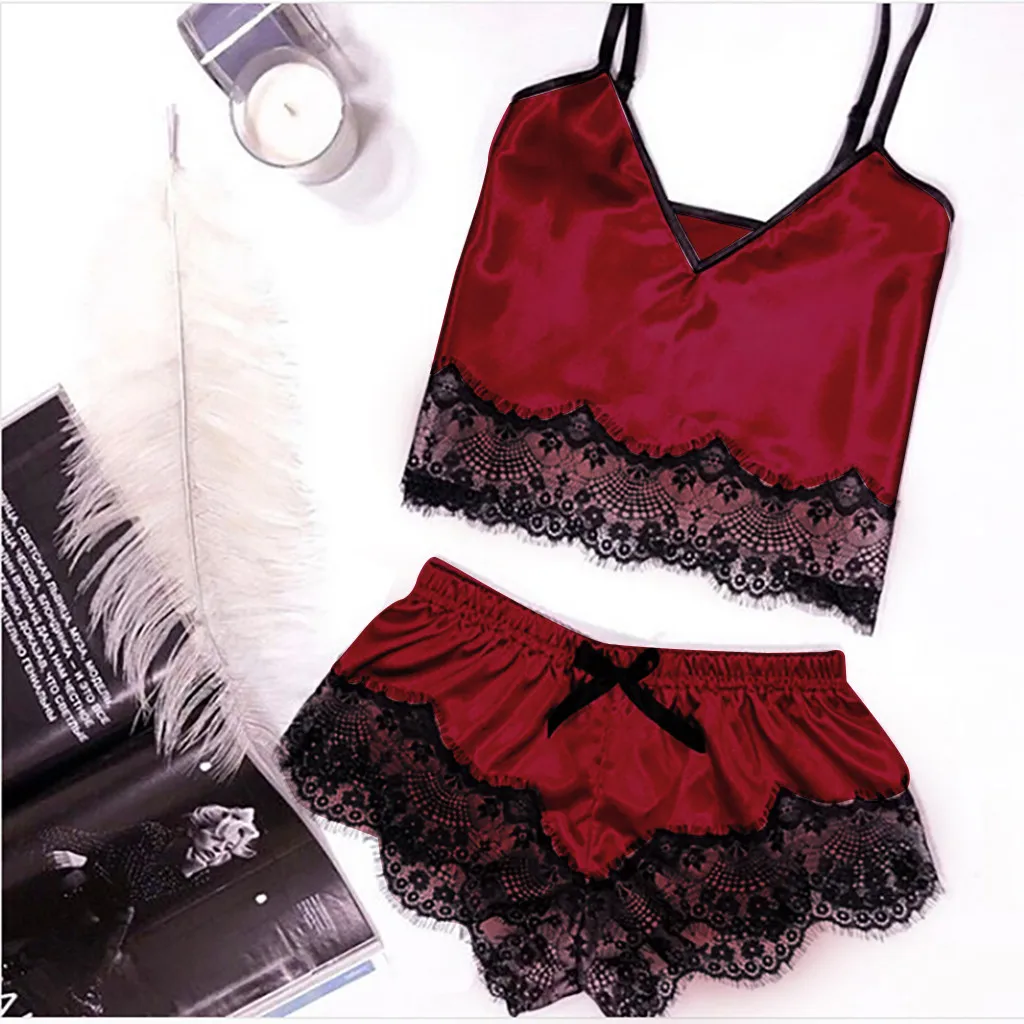 

Women Camisole Womens Sexy Satin Sling Sleepwear Lingerie Lace Bowknot Nightdress Ladies Night shorts Underwear Xew
