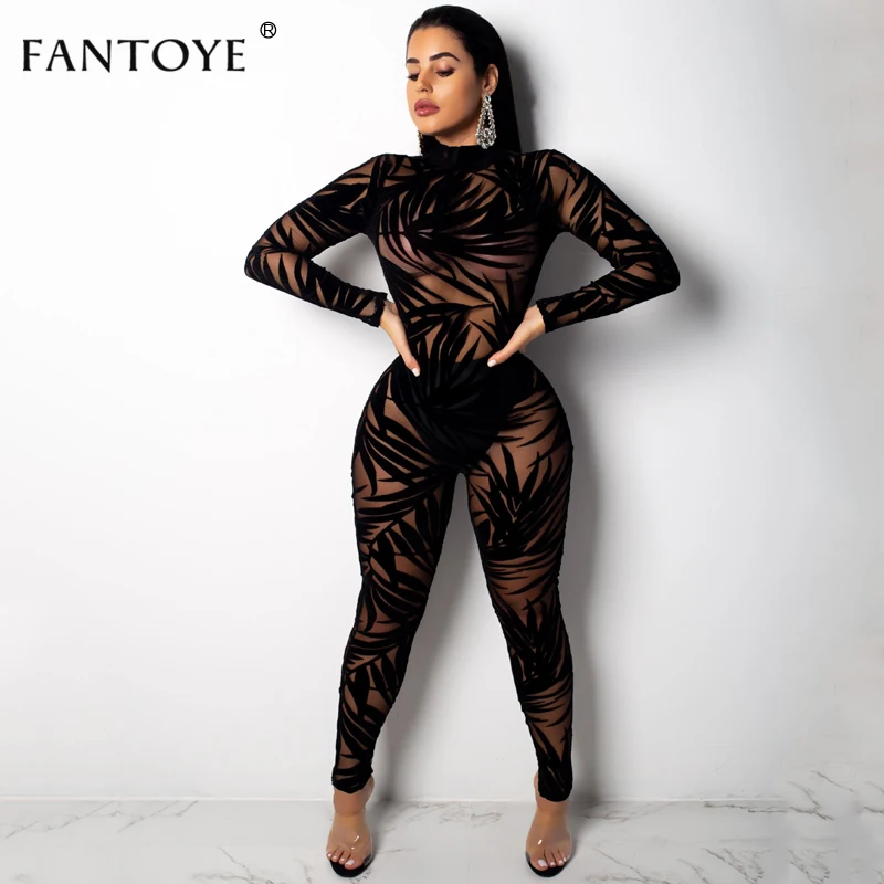 

Fantoye Sexy Black Transparent Rompers Womens Jumpsuit O Neck Long Sleeve Night Club Party See Through Bodycon Overalls Jumpsuit