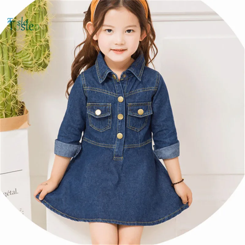 

Spring Kids Girls Dress Jeans Basic Girls Dress Toddlers Costumes Turn-down Collars Causal Girls Outfits 2-8T Sweet Dress