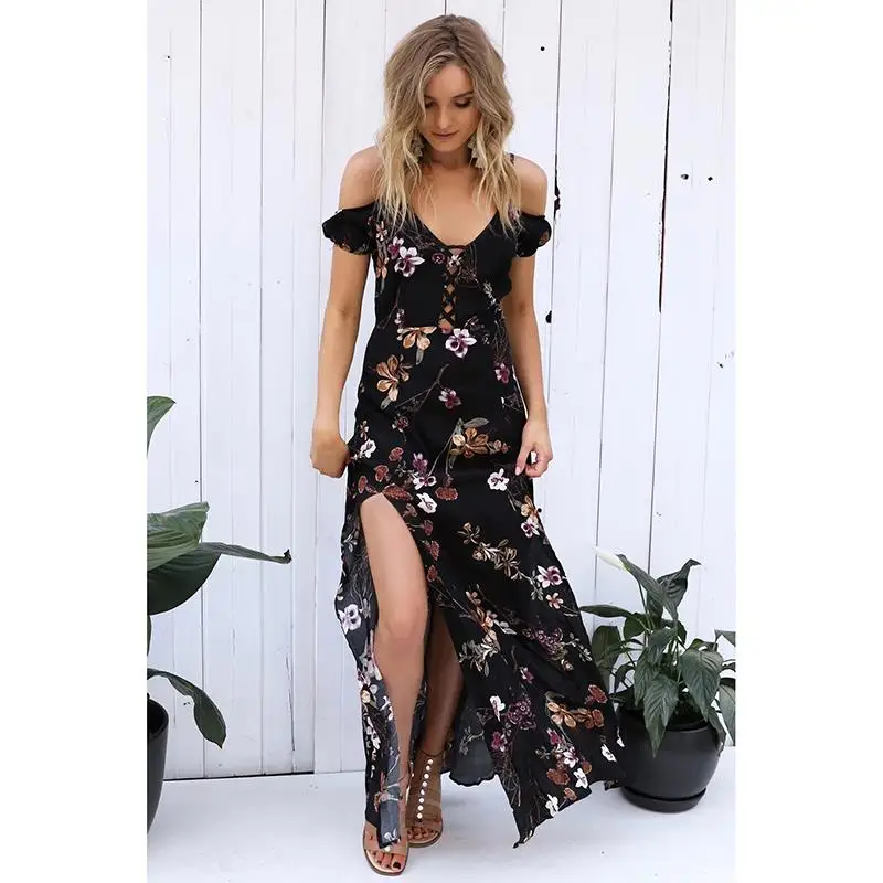 

Fashion Women Long Dress 2017 Off Shoulder Flower Printed Causal Beach Dress Maxi Dress Vacation Vestidos WS663C