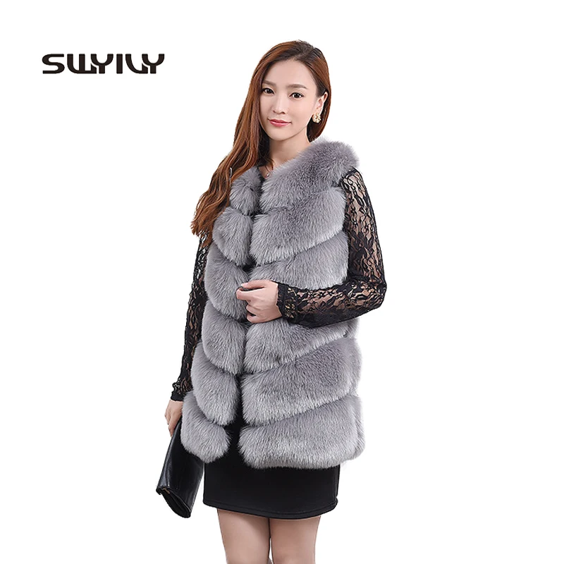 Full Pelt Long Stripe Fashion 2017 Womens Fox Fur Vest Winter Long Artificial Fur Coat V-neck Elegant Female Outwear