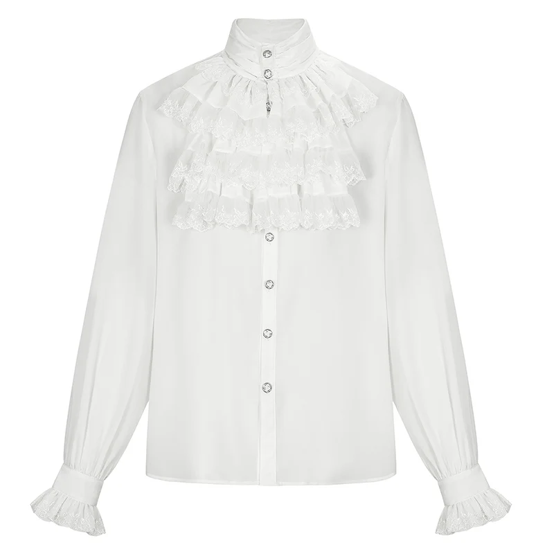 

6XL White Chiffon & Lace Ruffle Stand Collar Lantern Sleeve Vintage Gothic Shirt Men Mendieval Victorian Top Steampunk Clothing