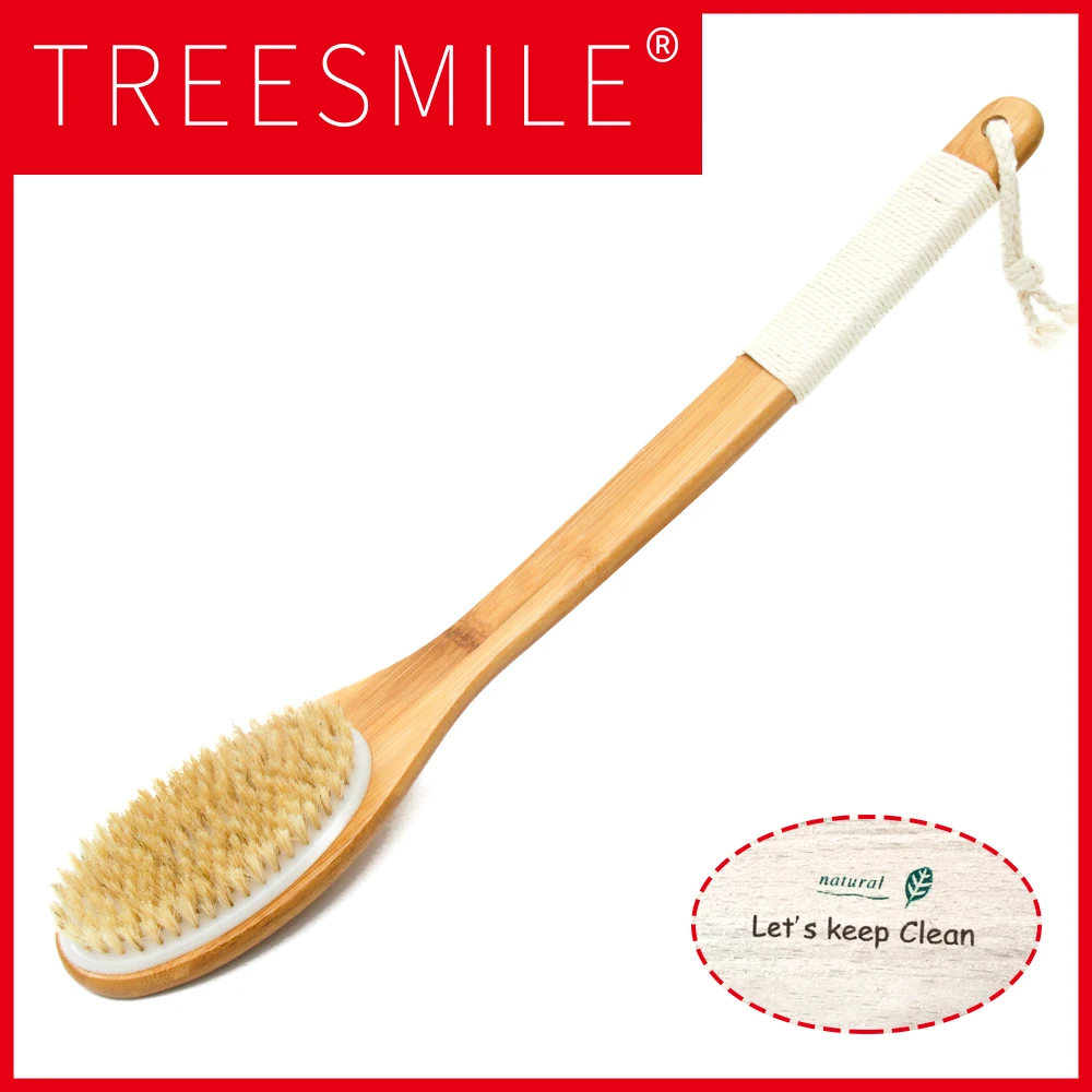 

TREESMILE new natural bristle curved handle bath brush clean back effortless long curved handle bath brush