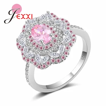 

New Trendy Women Jewelry Hollow Pink/White CZ Flower Ring 925 Sterling Silver Brand Bijoux for Wedding Engagement