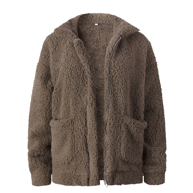 Nadafair, женское плюшевое пальто из искусственного меха, овечья шерсть, карман, Осеннее пушистое меховое пальто размера плюс, зимняя женская плюшевая куртка с отложным воротником - Цвет: Хаки