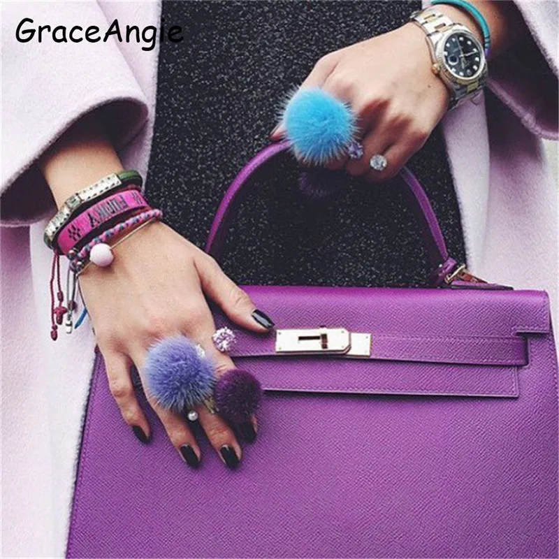 

GraceAngie Fashion Women Ring Pompom Fluffy Marten Fur Alloy Rings Fashion Sweet Lady Girl Party Wedding Party Accessories Gift