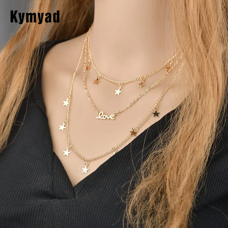 

Kymyad Bohemian Choker Necklace Women Love Necklaces & Pendants Bijoux Costume Jewelry Multilayer Link Chain Gold Color Necklace