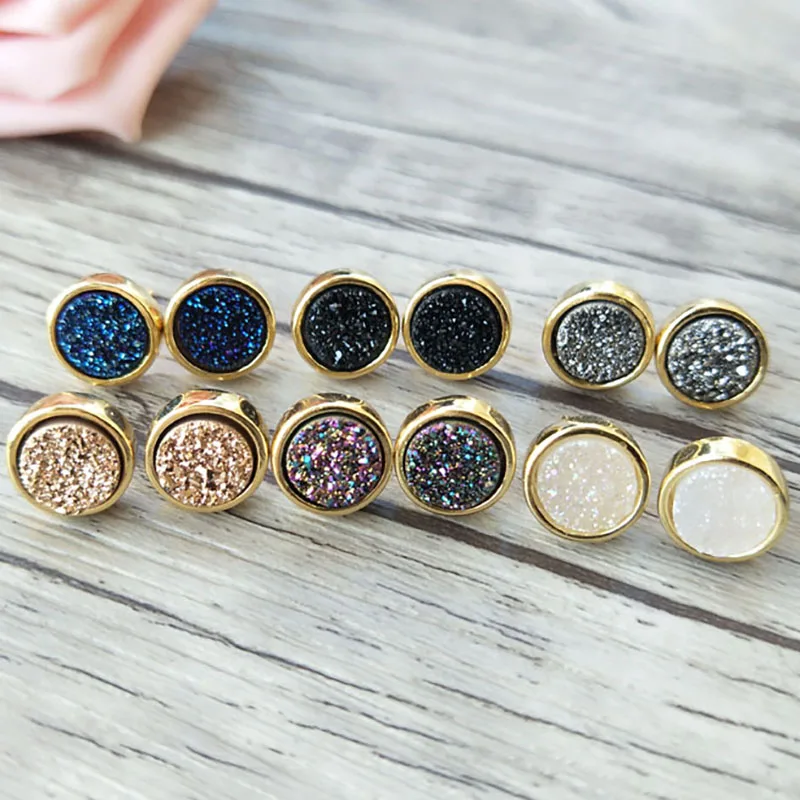 Wholesale 5 pairs 10mm Round Shape Stone Stud Earrings,Natural druse