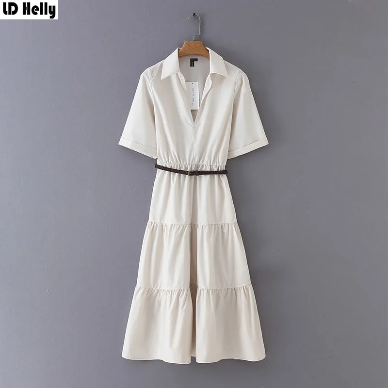 

LD Helly 2019 Women Elastic Waist Streetwear Summer Midi Dress Sashes V-Neck Three Quarter Sleeve Dresses Female Vestidos Mujer