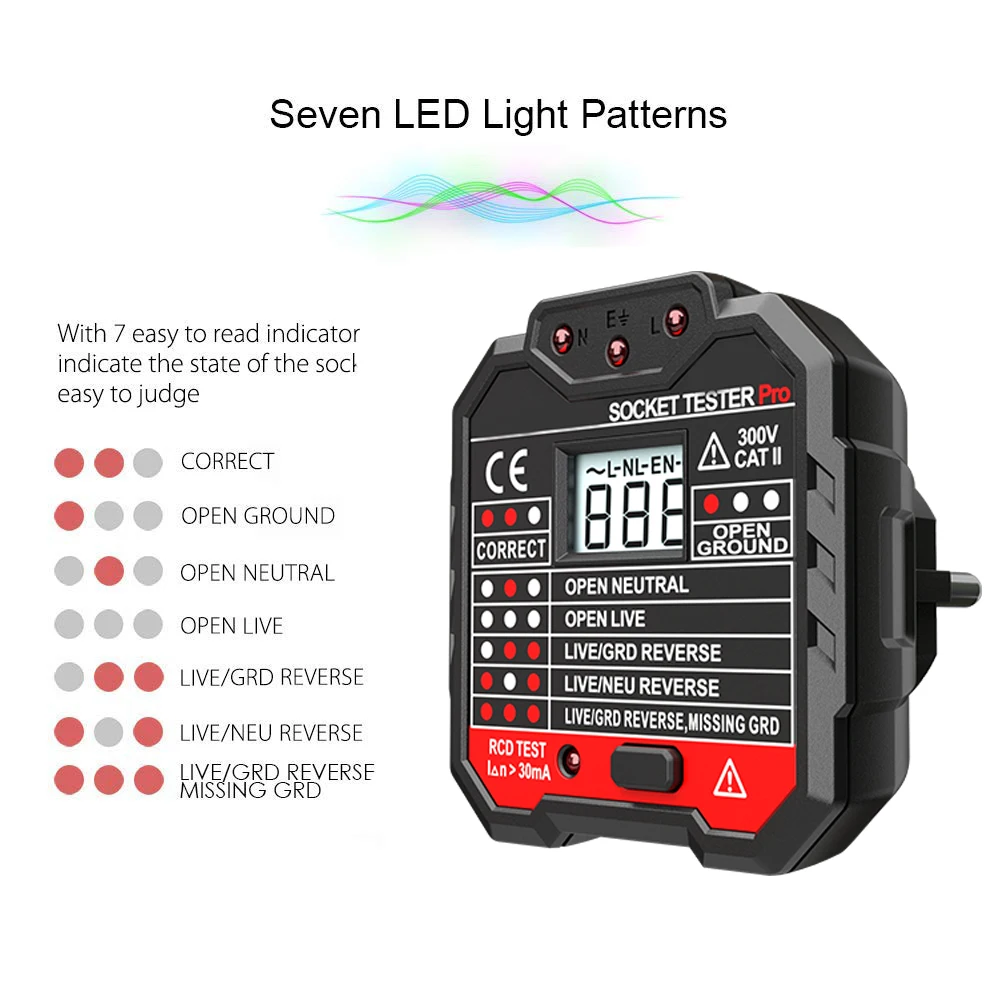 Штепсельная Вилка европейского стандарта прибор для проверки патронов ЖК-дисплей Дисплей Напряжение тестер с розеткой детектор заземления нулевой линии Разъем полярности фазы проверьте код кнопки