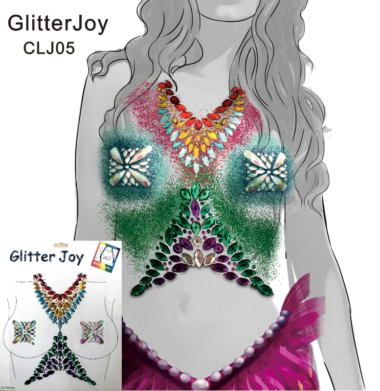 

CLJ05 1Pc Mermaid Tail Inspired Rhinestone Jewel Adhesive Sternum Chest Tattoo Stickers for Fiesta, or Rave Party