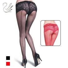 Женские черные и красные сексуальные ажурные колготки с кружевными трусиками-стрингами сзади, Прошитые рыбьей сеткой чулки трикотаж для секса эротическое белье