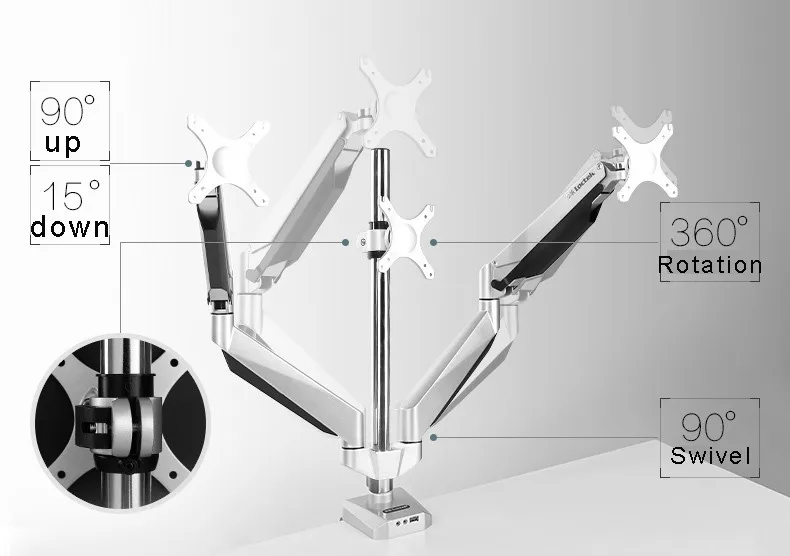 Loctek D7T алюминиевый сплав газовая пружина полный движения тройной экран монитор держатель три ЖК светодиодный кронштейн с USB и аудио портом