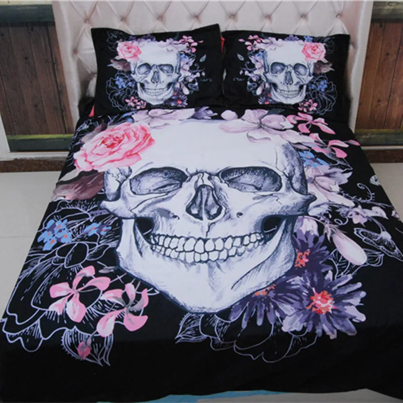 

3D Skull Bedding sets Plaid Duvet Covers for King Size Bed Europe Style Sugar Skull Bedding Pink Flower Duvet Cover
