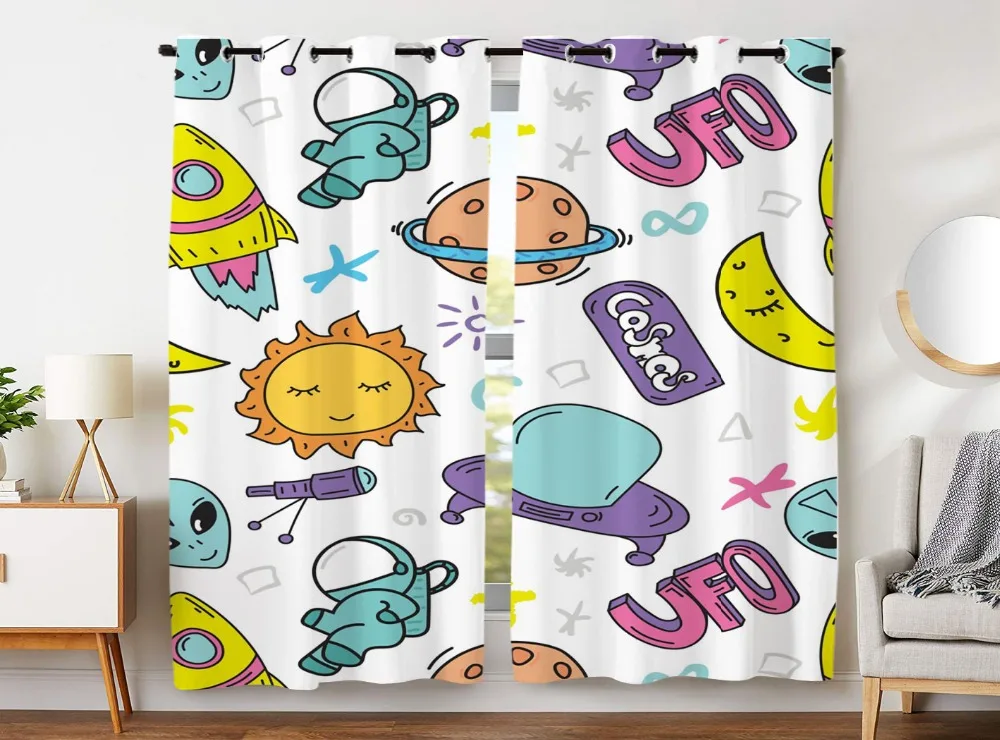 

Blackout Curtains 2 Panels Grommet Curtains for Bedroom UFO Telescope Rocket Sun Cartoon Outer Space Boy