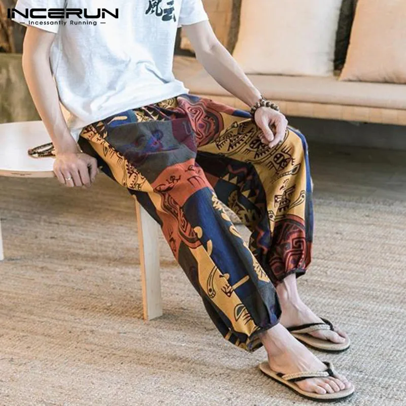 INCERUN Винтаж принт хип-хоп мужские шаровары Хлопок Свободные Ретро широкие брюки тайский этнический стиль брюки мужские уличная