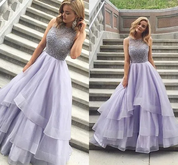 

Ball Gown Prom Dresses 2019 Lavender Beadings Ruffles Organza Backless Formal Party Sheer Arabic Evening Gowns Vestidos de robe