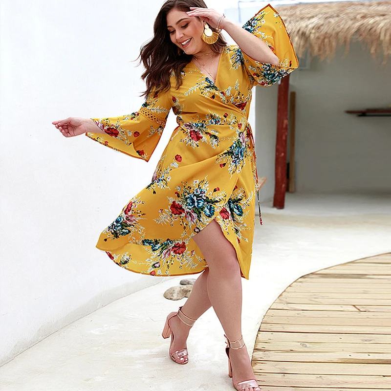 

Floral Print V Neck Dress Lace Up Midi Beach Bohemian Dress Women Large Size Bodycon Vestidos Female Black Plus Size Dress Femme